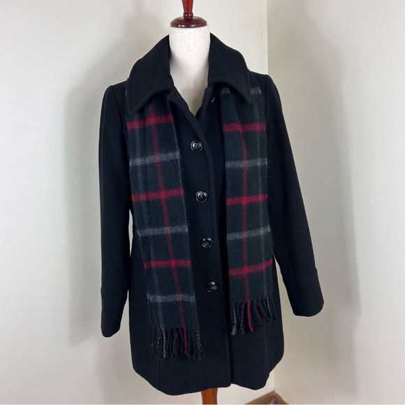London Fog Womens Medium Black Wool Pea Coat Plaid Scarf Business Professional - Picture 2 of 9